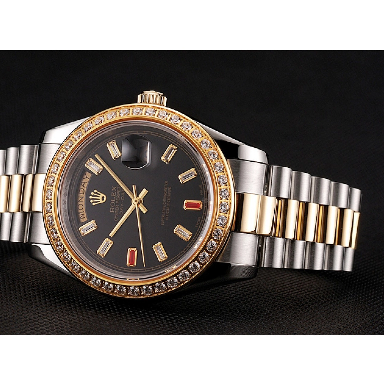 Aaa replica watch Day-Date Dial Two Swiss Black Diamonds And Bracelet Rubies 1454105 Rolex Tone 0803
